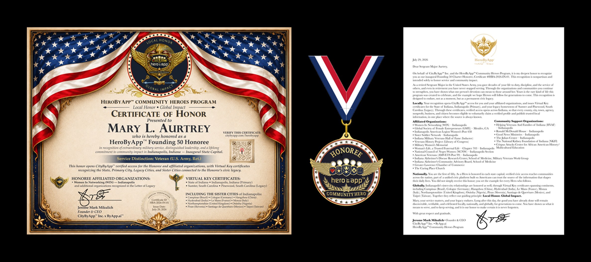 HeroByApp&trade; Honor Package, framed Certificate of Honor, Community Hero Medal, and Letter of Honor for Mary L. Aurtrey