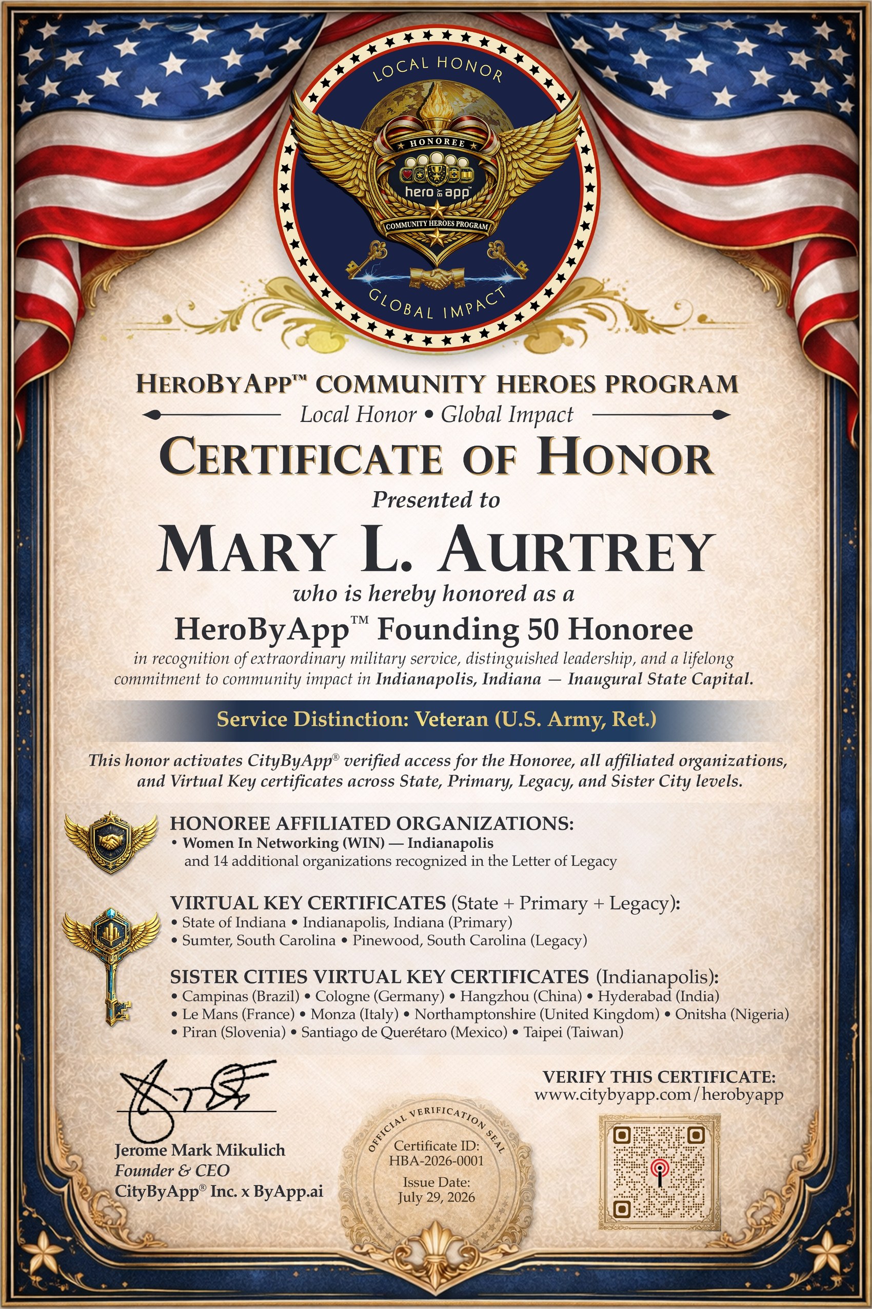 Certificate of Honor, Sgt. Maj. Mary L. Aurtrey · HeroByApp&trade; Founding 50 · #HBA-2026-IN-01